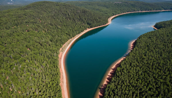 Aerial view of a winding lake cove with a red clay shoreline and dense green forest