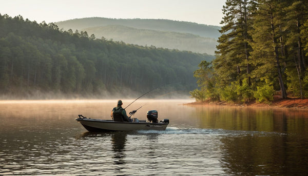 Angler in a small boat on a misty lake at sunrise with red clay banks and pines