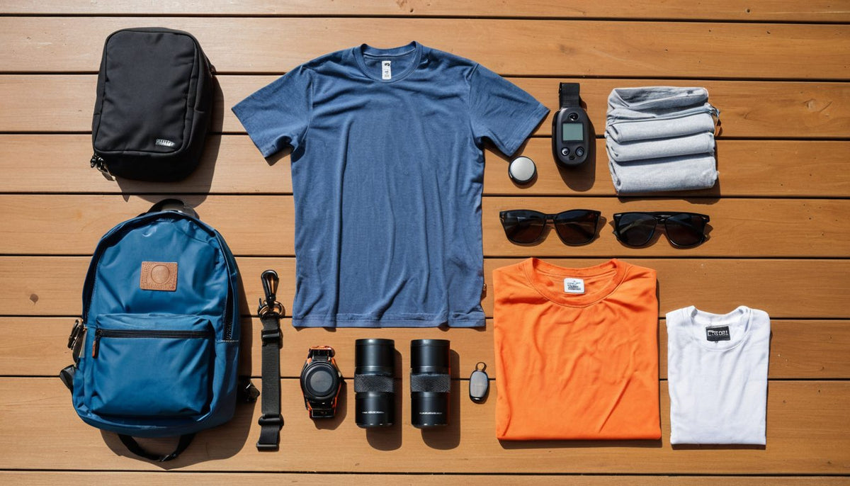 Boat owner gift ideas laid out on dock boards: shirts, sunglasses, a dry bag, and a backpack