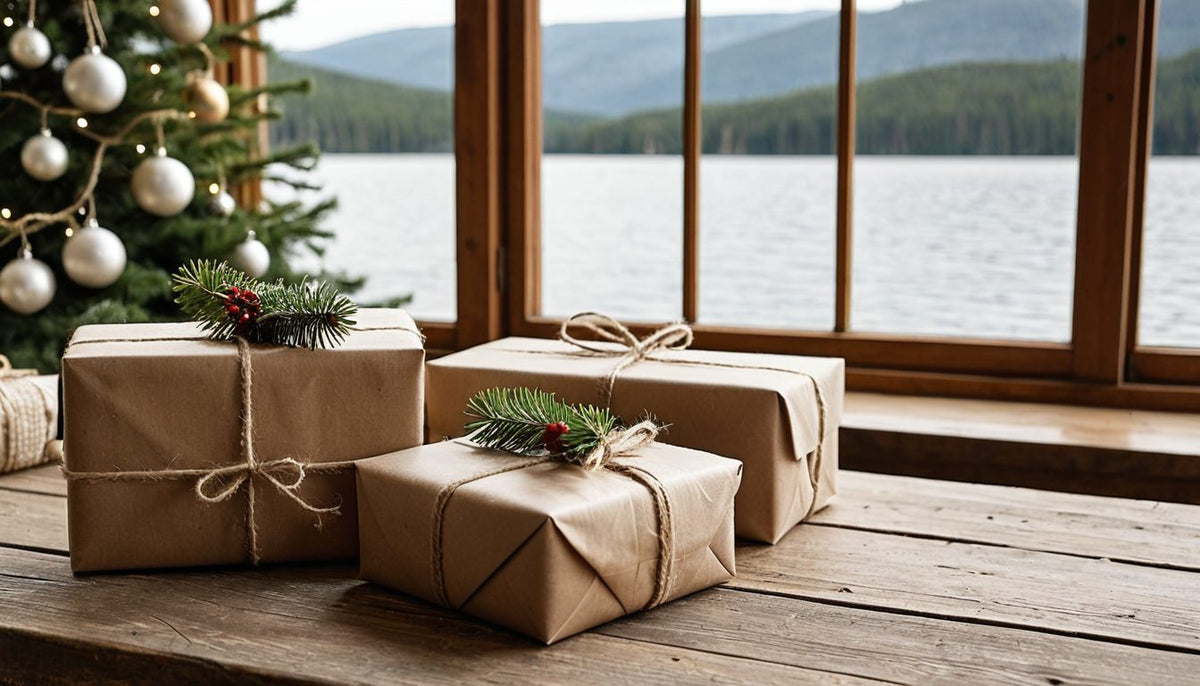 Wrapped Christmas gifts and a decorated tree by a lake house window