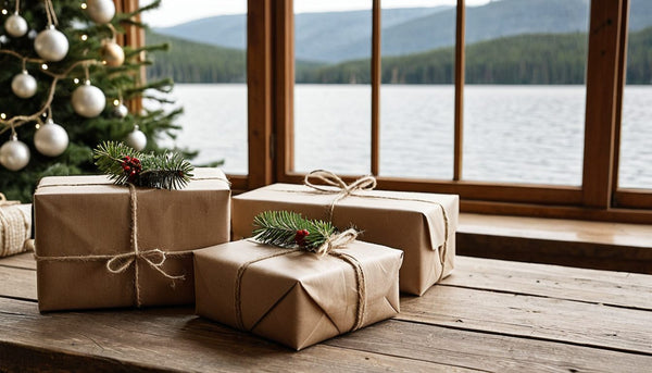 Wrapped Christmas gifts and a decorated tree by a lake house window
