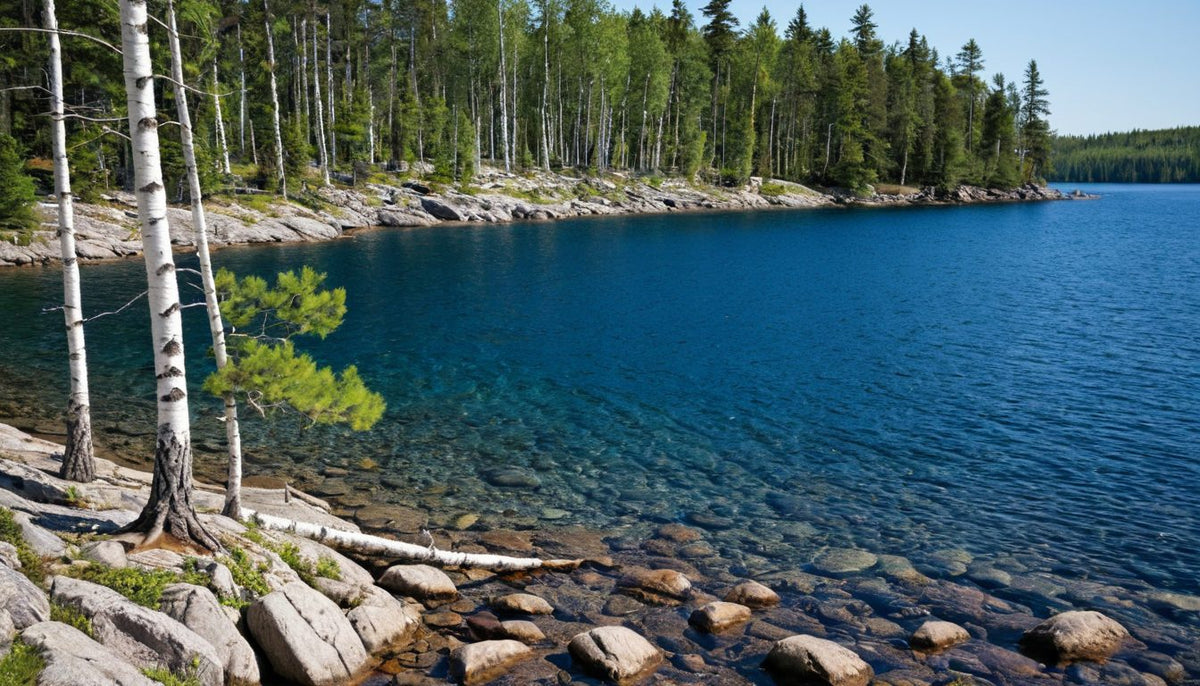 Clear blue lake with a rocky shoreline, birch trees and pine forest on a bright summer day