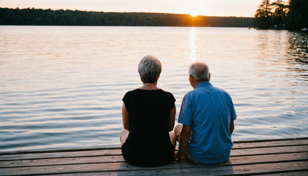 Older couple sitting side by side on a wooden dock watching the sun set over a calm lake