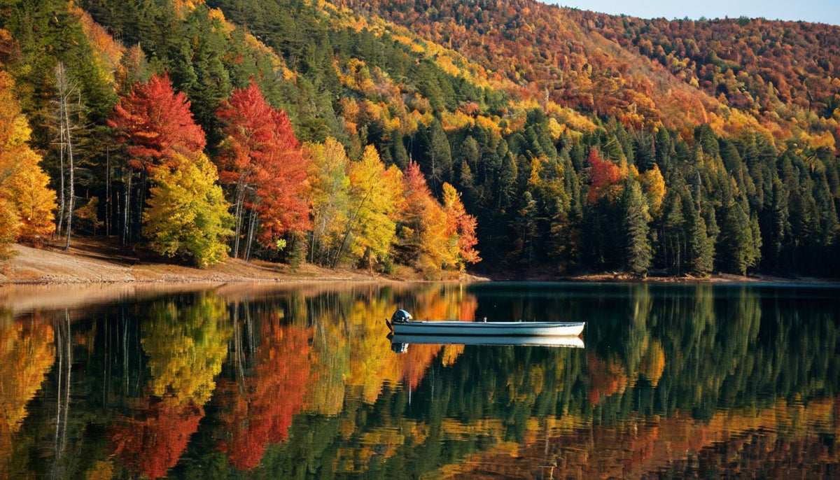 Small boat on a calm lake ringed by red, orange and gold fall foliage
