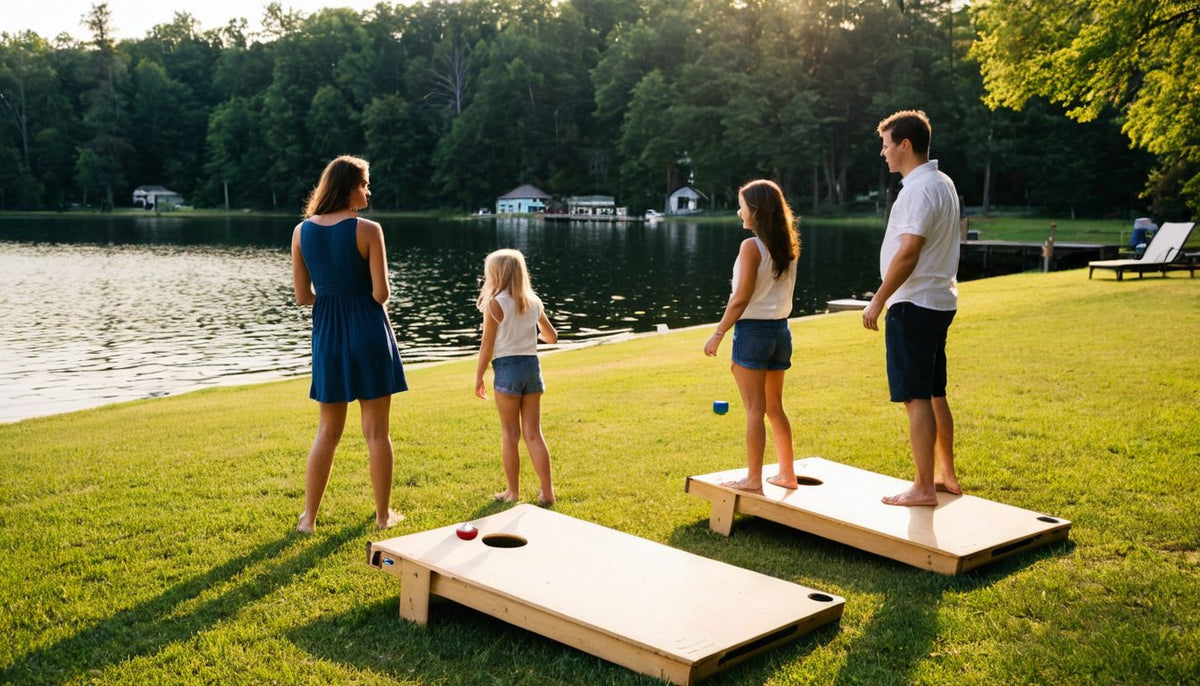 Family playing cornhole on a lakefront lawn with docks and lake houses behind them