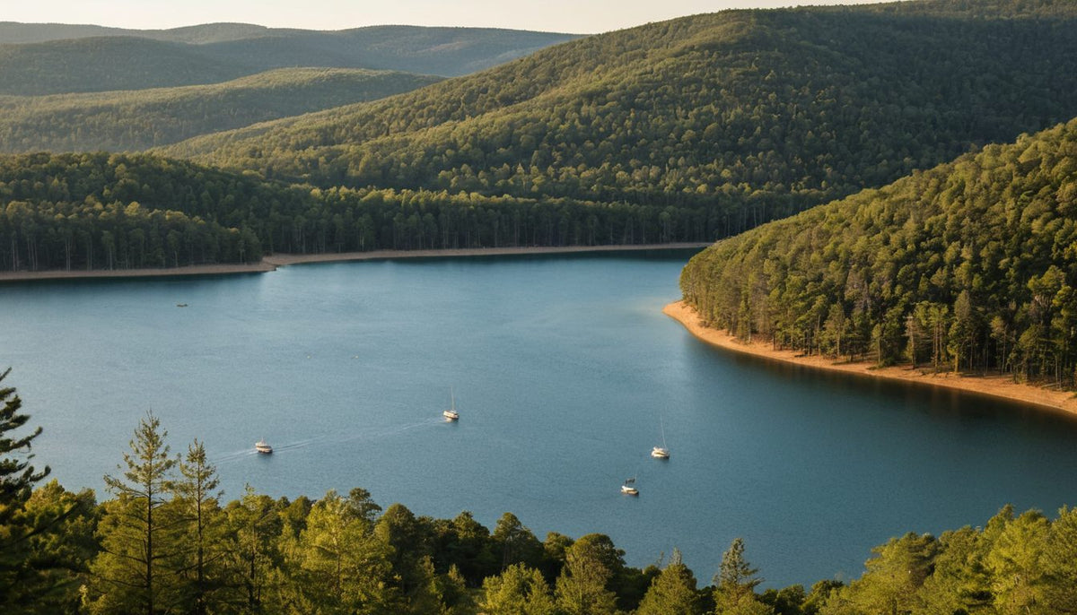 Wide lake at golden hour with forested hills, a red clay shoreline and two small boats on the water