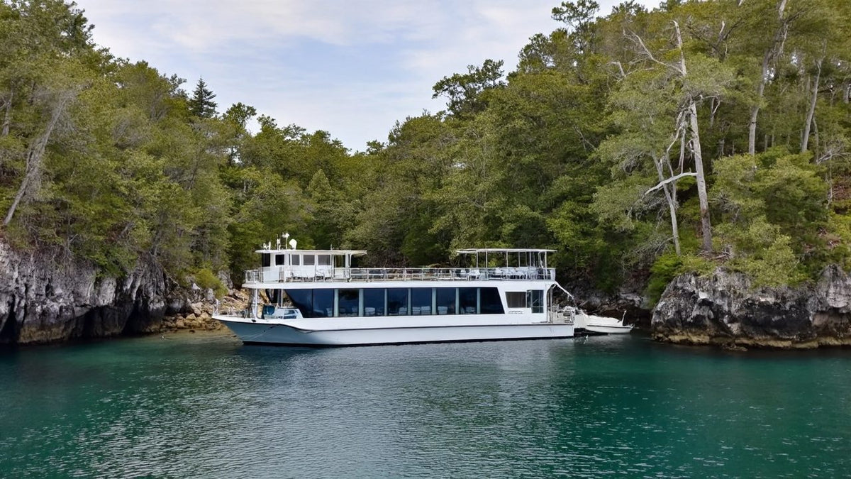 Houseboat anchored in a clear green cove below rocky bluffs and hardwood forest