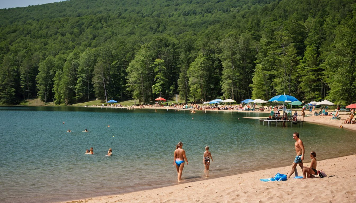 Families swimming and relaxing at a sandy lake beach lined with pine trees