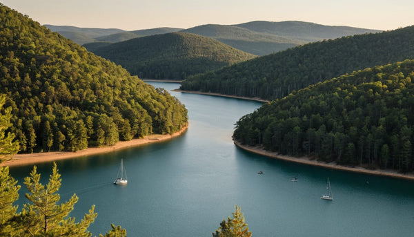 Wooded hills around a winding lake with sailboats at golden hour