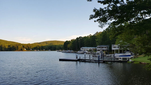 Lake homes with boat docks along a wooded shoreline on a calm afternoon