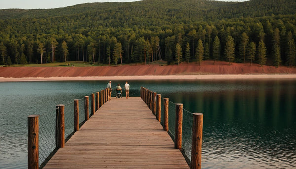Long wooden fishing pier reaching into a calm lake with a red clay shoreline and pine forest
