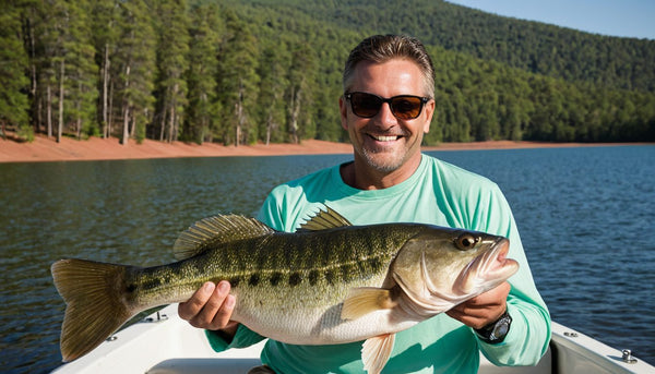 Smiling man in sunglasses holding a largemouth bass on a boat