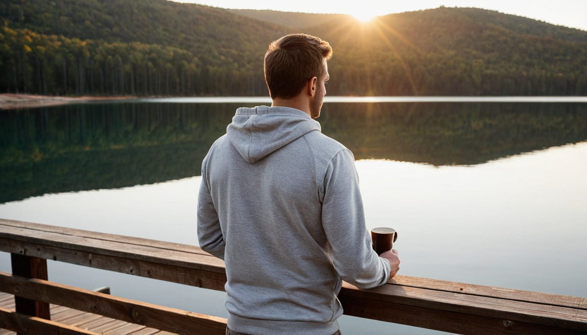 Man in a gray hoodie holding coffee on a dock at sunrise