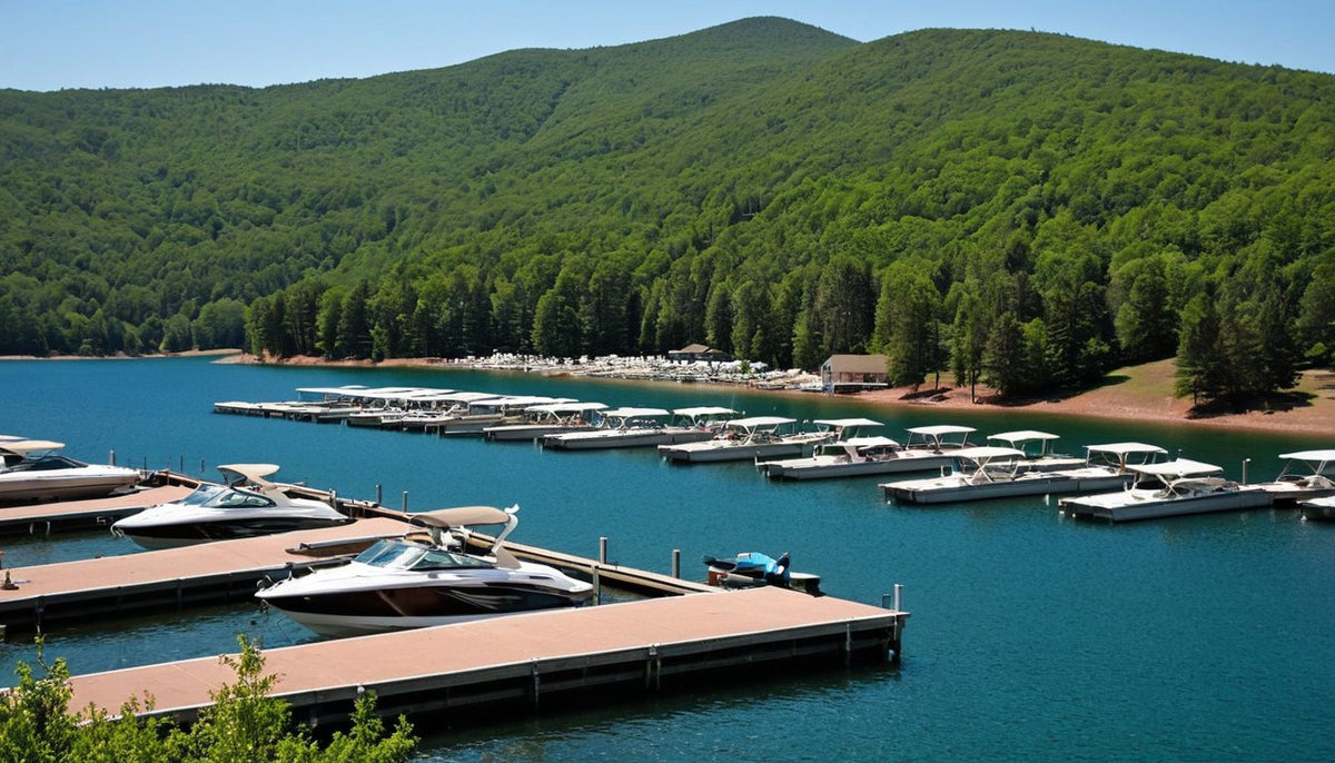 Covered boat slips and docked boats at a marina on a wooded Southern lake