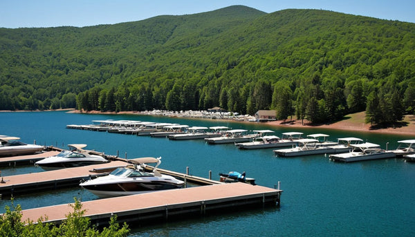 Covered boat slips and docked boats at a marina on a wooded Southern lake