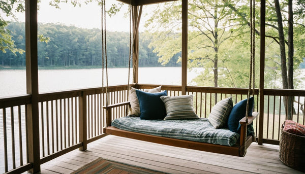 Porch swing with pillows on a screened lake house porch overlooking the water