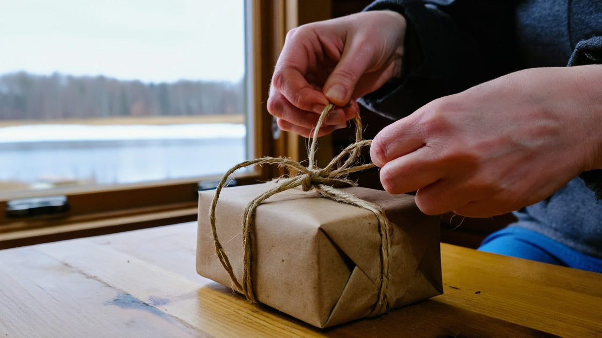 Hands tying twine on a small kraft paper gift by a window with a winter lake view