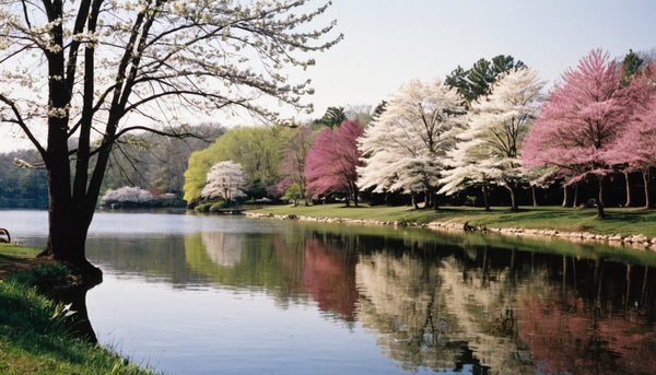 Pink and white dogwood trees blooming beside a calm lake with a park bench on the grassy shore