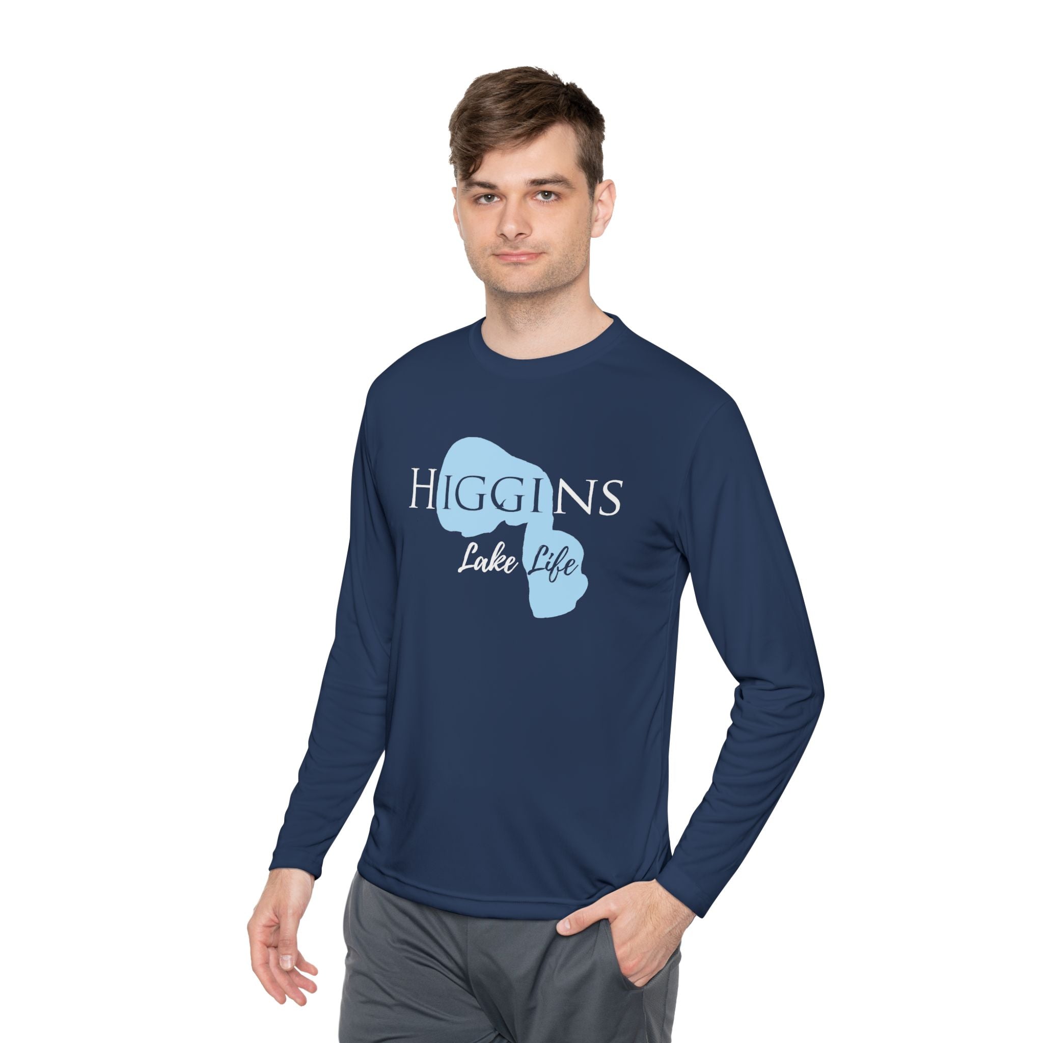 Higgins Lake Life Dri-fit Boating Shirt – Breathable Material – Men's Long Sleeve Moisture Wicking Tee – Michigan Lake