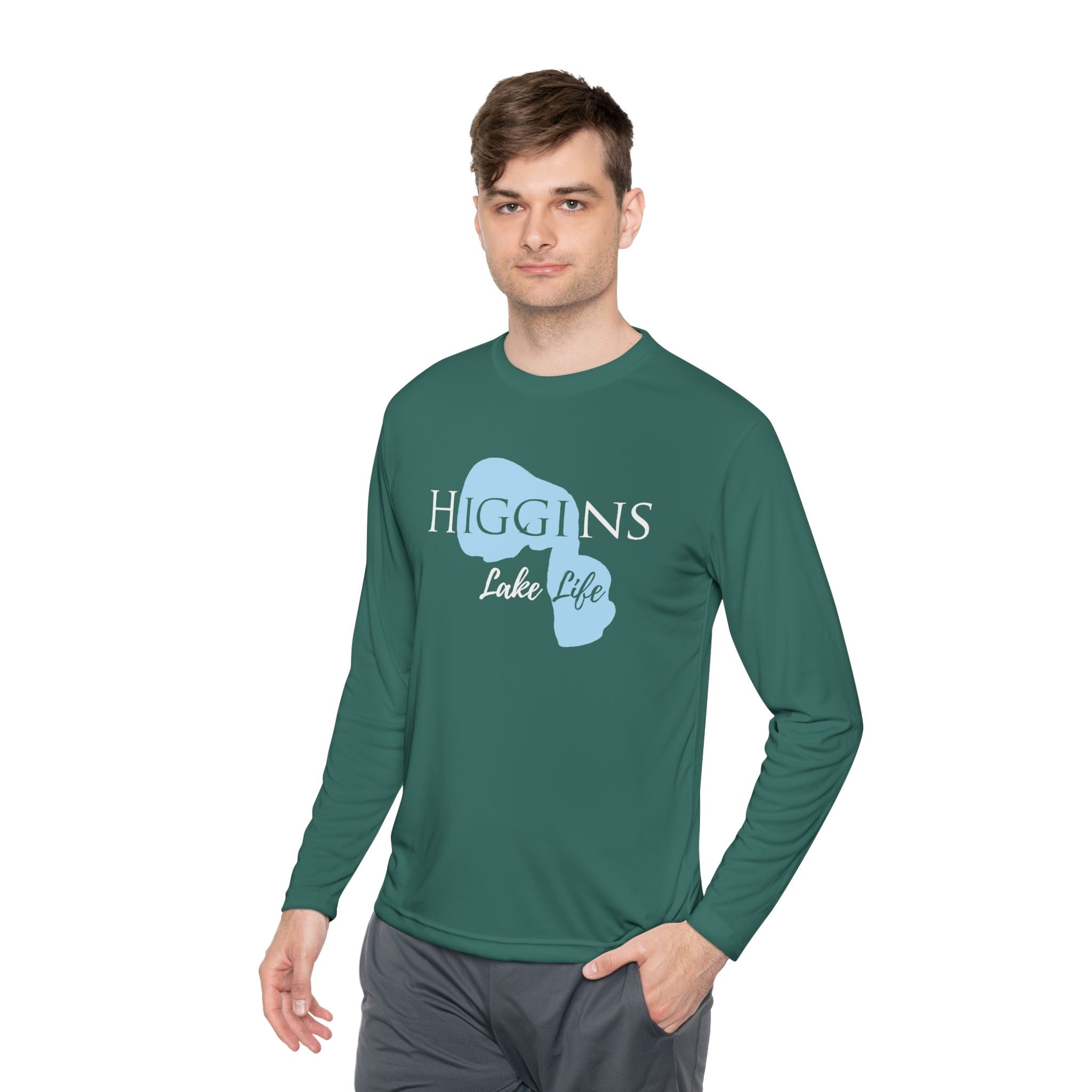 Higgins Lake Life Dri-fit Boating Shirt – Breathable Material – Men's Long Sleeve Moisture Wicking Tee – Michigan Lake