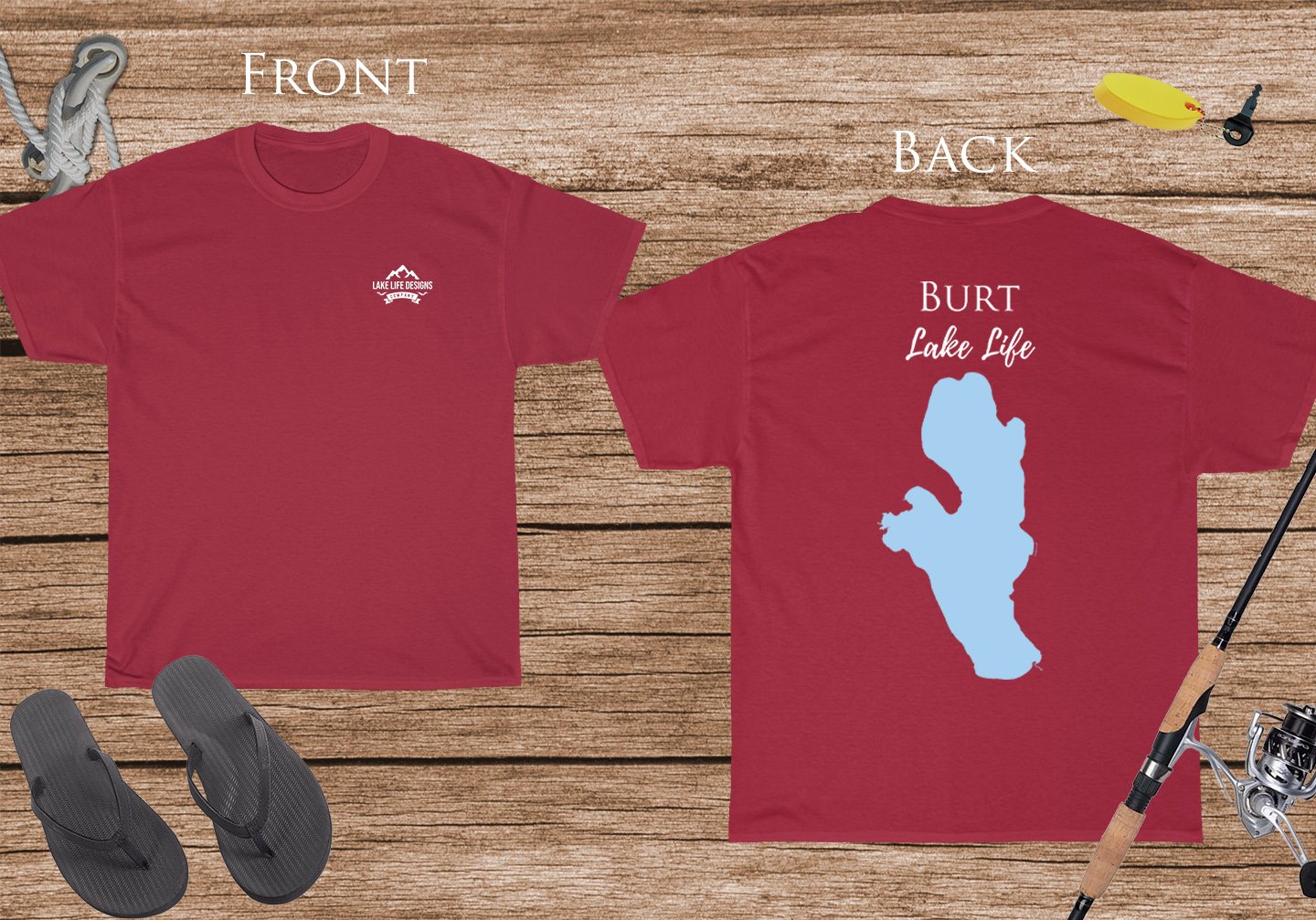 Burt Lake Life - Cotton Short Sleeved - FRONT & BACK PRINTED - Short Sleeved Cotton Tee - Michigan Lake
