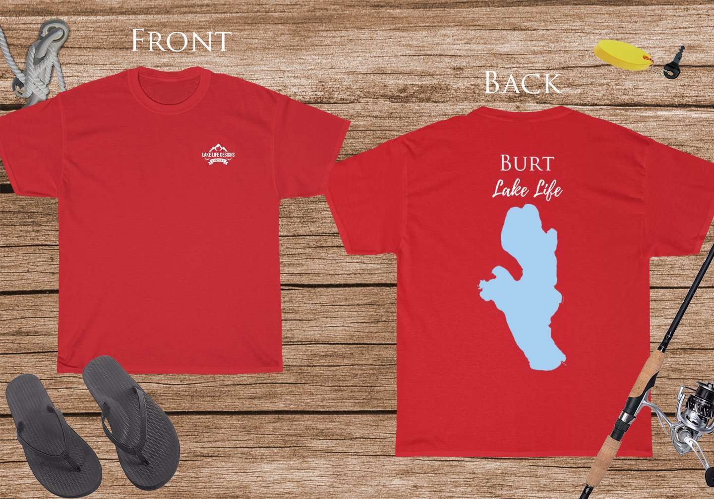 Burt Lake Life - Cotton Short Sleeved - FRONT & BACK PRINTED - Short Sleeved Cotton Tee - Michigan Lake