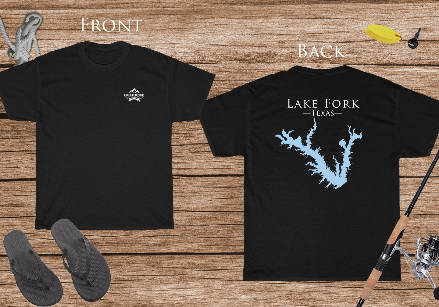 Lake Fork Texas - Cotton Short Sleeved - FRONT & BACK PRINTED - Short Sleeved Cotton Tee - Texas Lake