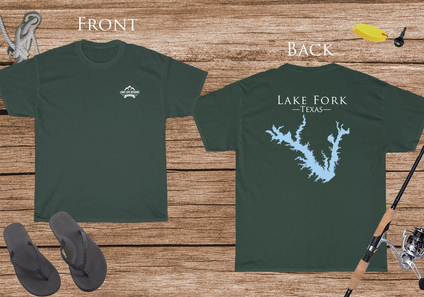 Lake Fork Texas - Cotton Short Sleeved - FRONT & BACK PRINTED - Short Sleeved Cotton Tee - Texas Lake