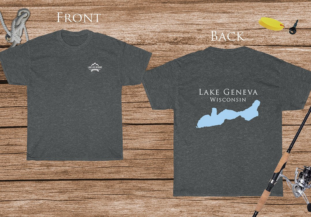 Lake Geneva - Cotton Short Sleeved - FRONT & BACK PRINTED - Short Sleeved Cotton Tee - Wisconsin Lake