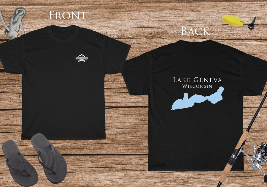 Lake Geneva - Cotton Short Sleeved - FRONT & BACK PRINTED - Short Sleeved Cotton Tee - Wisconsin Lake