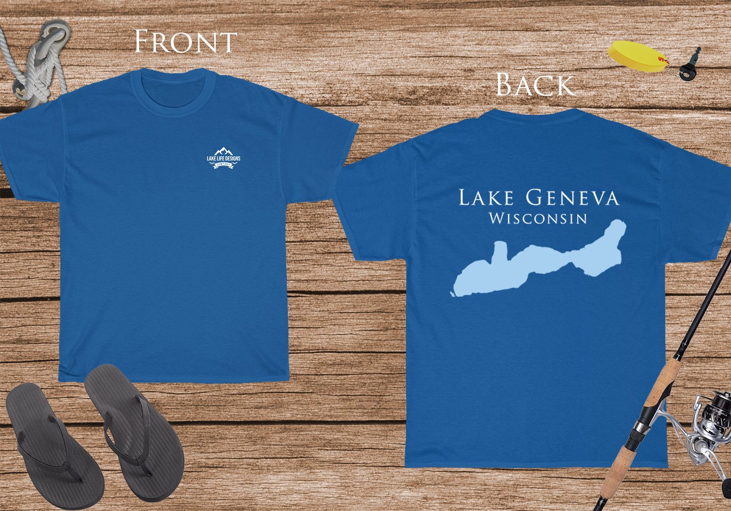 Lake Geneva - Cotton Short Sleeved - FRONT & BACK PRINTED - Short Sleeved Cotton Tee - Wisconsin Lake