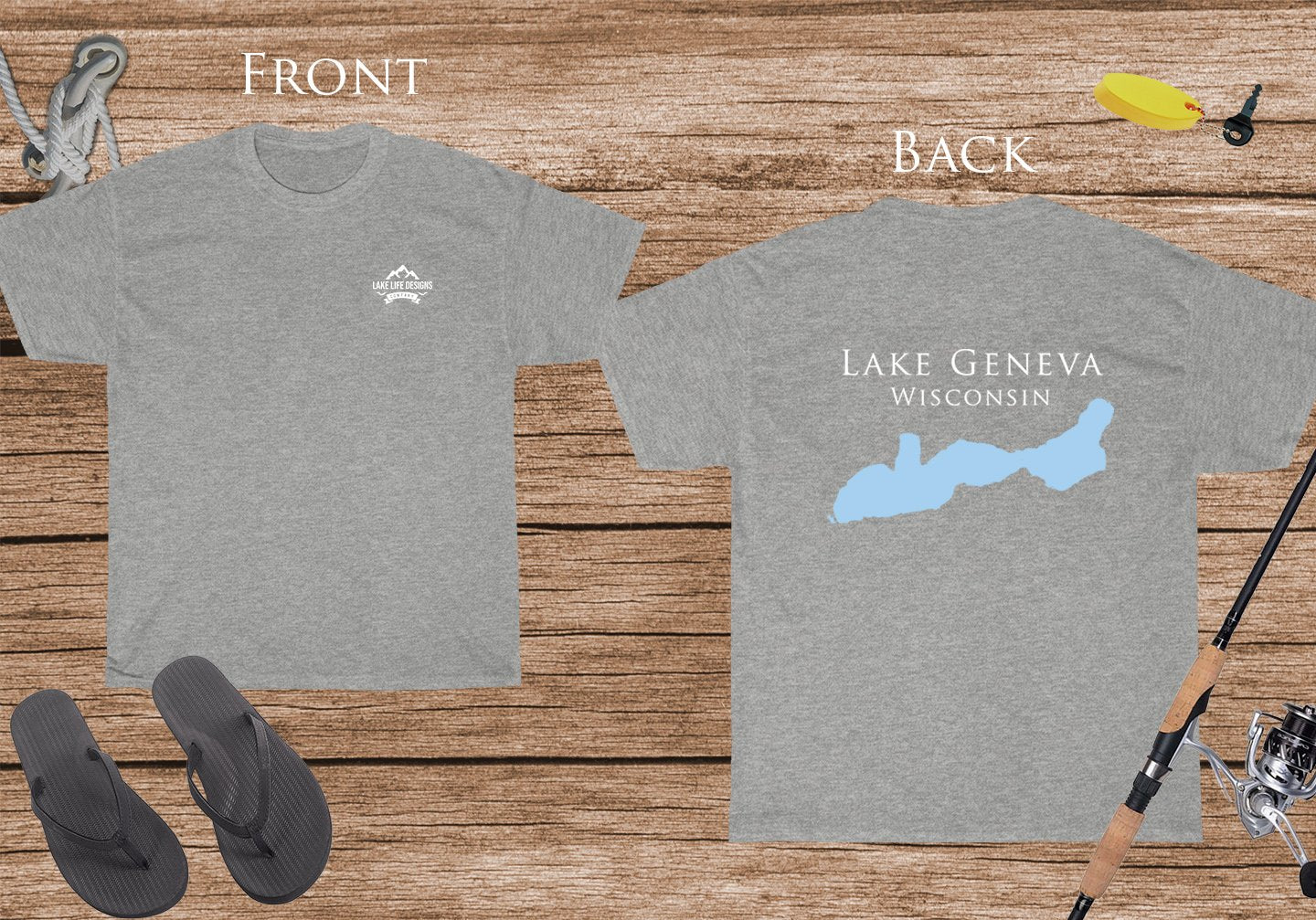 Lake Geneva - Cotton Short Sleeved - FRONT & BACK PRINTED - Short Sleeved Cotton Tee - Wisconsin Lake