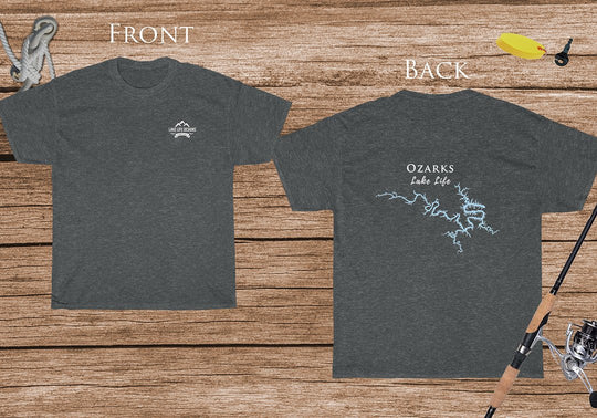 Lake of the Ozarks Lake Life Heavy Cotton Tshirt  - Front and Back Printed - Lake of the Ozarks Map Tee - Missouri Lake