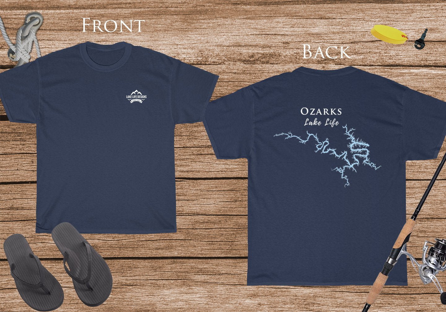 Lake of the Ozarks Lake Life Heavy Cotton Tshirt  - Front and Back Printed - Lake of the Ozarks Map Tee - Missouri Lake